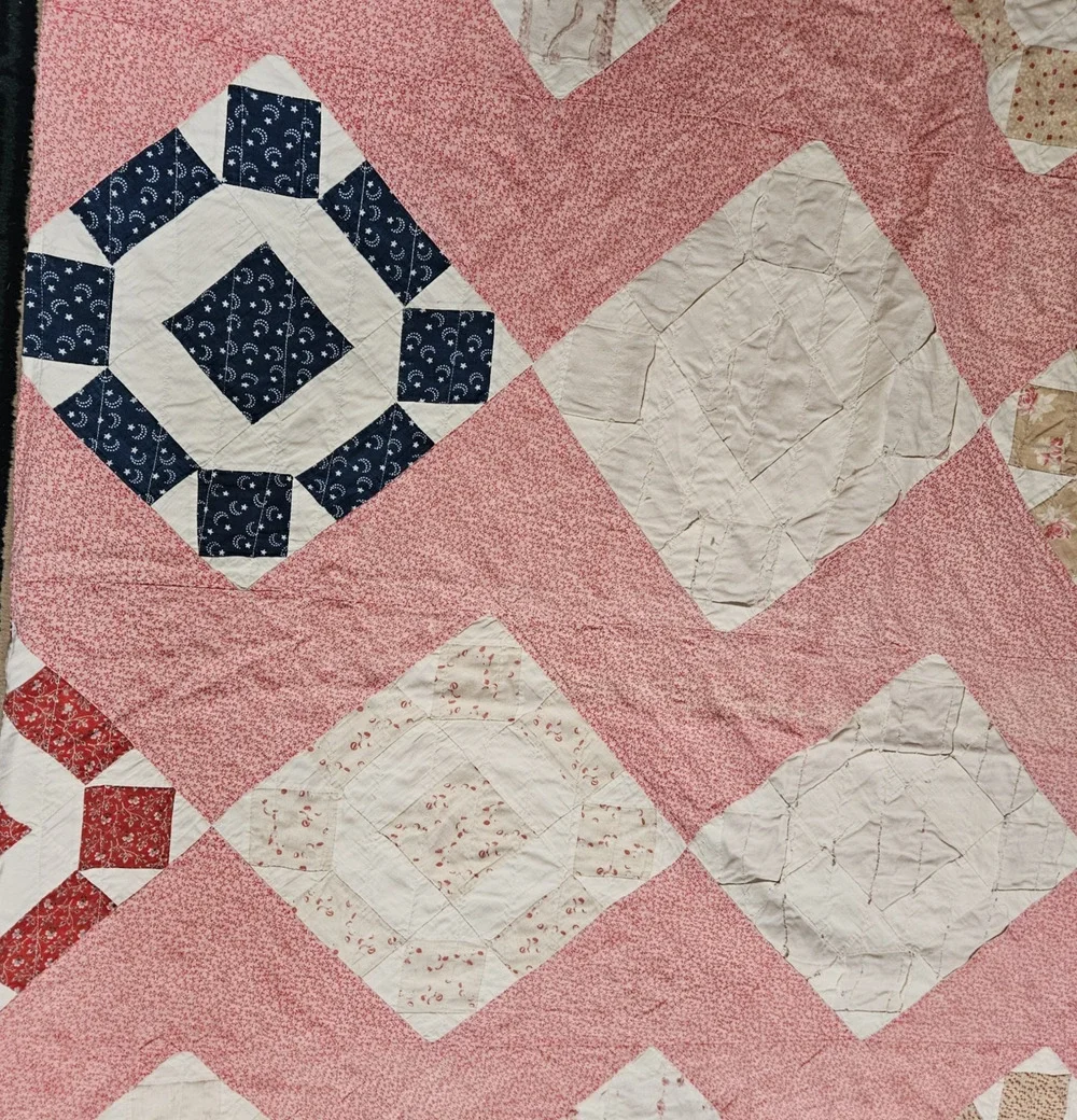 Vtg Hand pieced patchwork quilt 80X80 Chimney sweep design damage stains READ